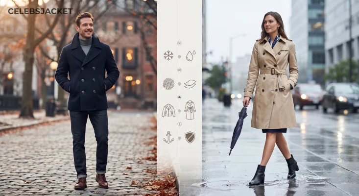 Compare peacoats and trench coats by warmth, style, length, and weather suitability. Discover the key differences and choose the perfect coat for every season.