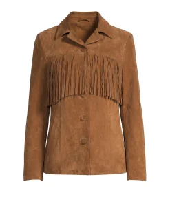 Womens Tan Fringed Suede Long Jacket