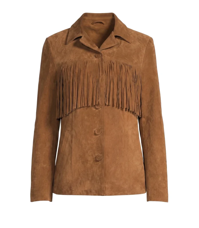 Womens Tan Fringed Suede Long Jacket