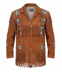 Mens Brown And Gold Cowboy Western Fringe Jacket